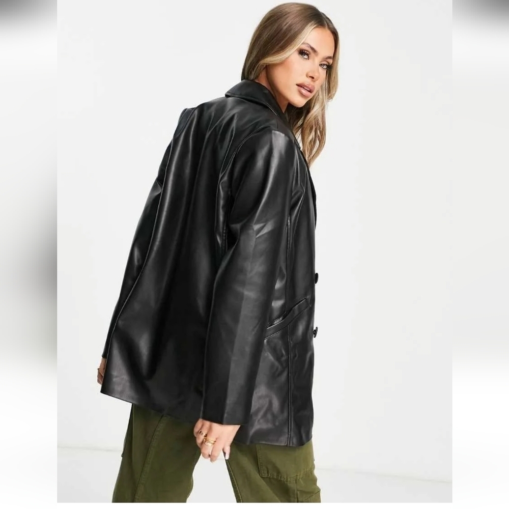 TOPSHOP Faux Leather Double-Breasted Blazer Jacket In Black. Size 6 - Picture 6 of 16